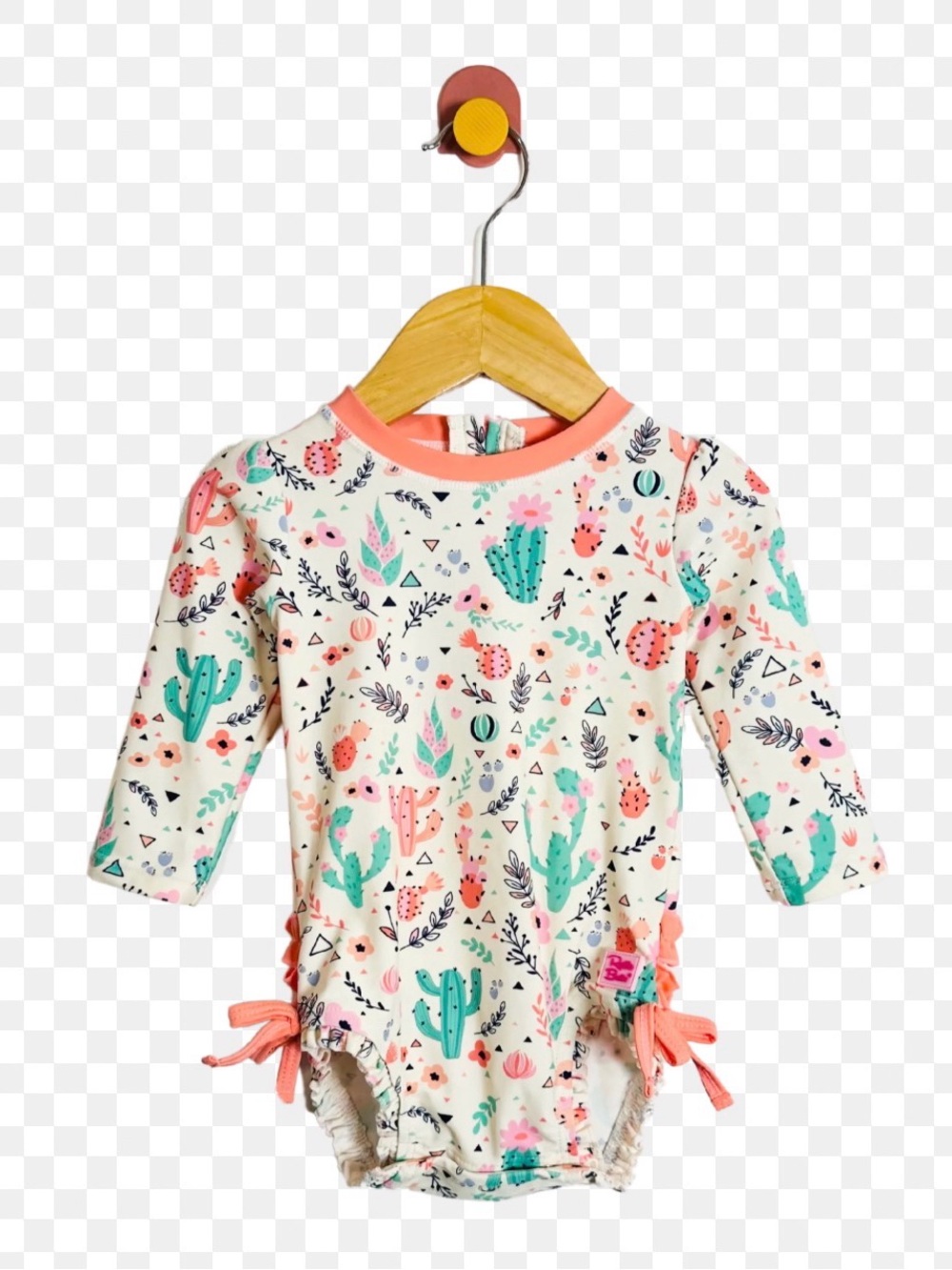 Ruffle Butts Coral Pink & Teal Cactus Print Kids Rashguard Swimsuit Size 3T